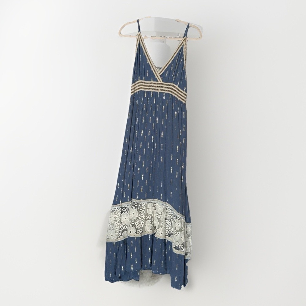 Zury Ethereal Bohemian‎ Goddess Maxi Dress Womens Free Size Blue Metallic Lace